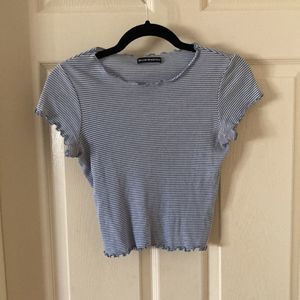 Brandy Melville Lizzy Crop T-Shirt Blue Striped Lettuce Trim Ruffles Baby Small